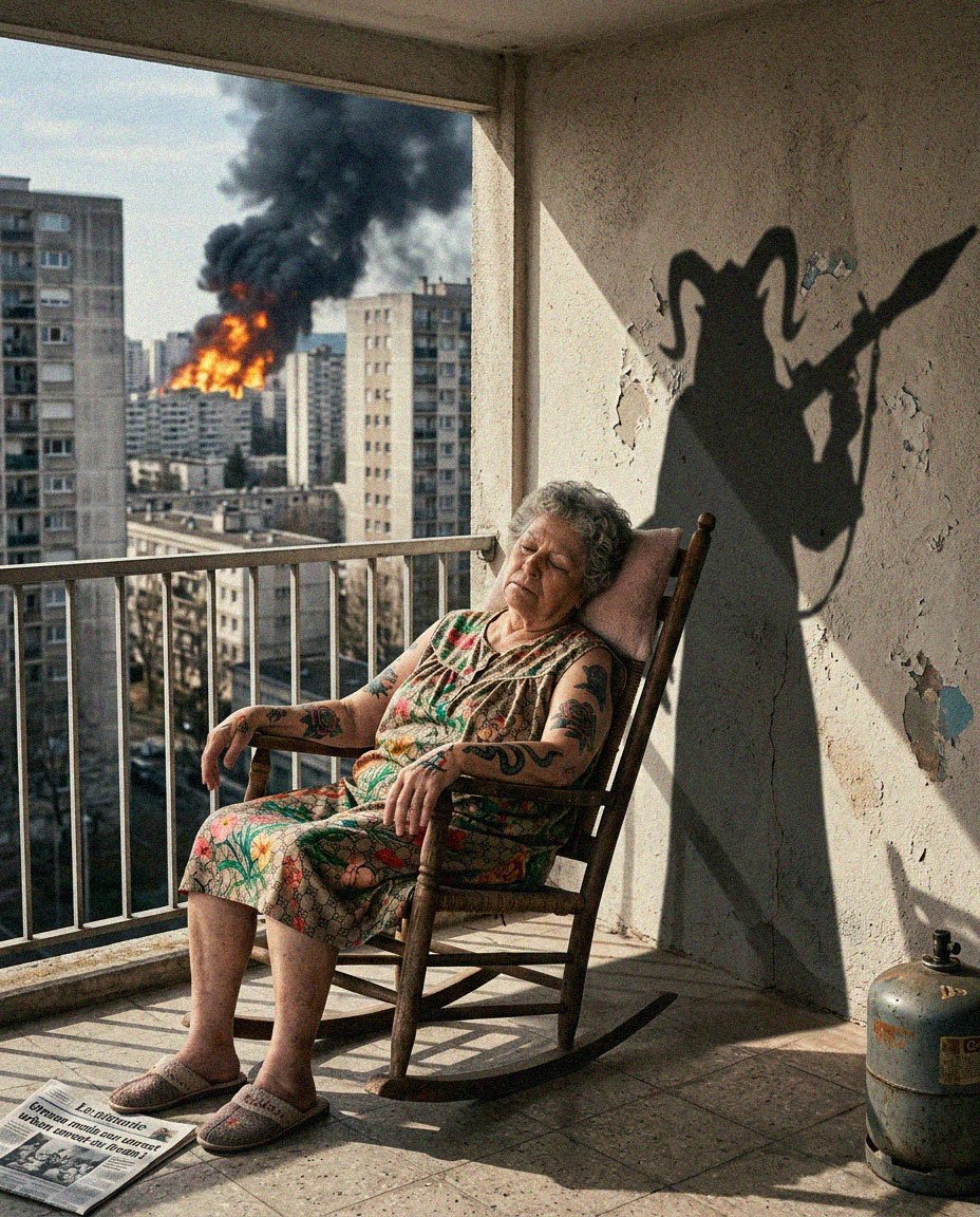 Recherche visuelle : scène surréaliste sur un balcon