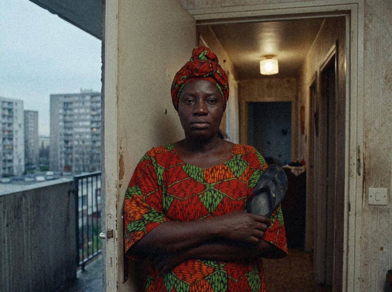 Madame Diallo sur le pas de sa porte, bras croisés, claquette à la main